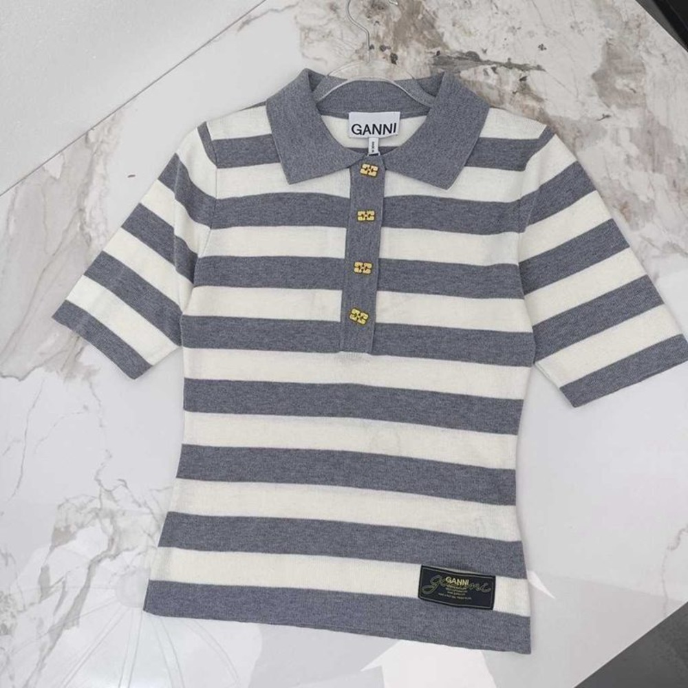 Ganni Women's Polo Sweater in Gray and White Stripes